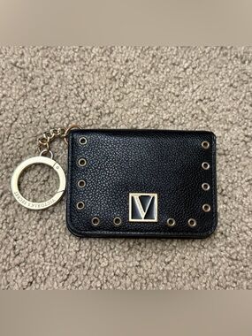 Victoria's Secret Black Leather Card Holder Key Ring with Gold Accents